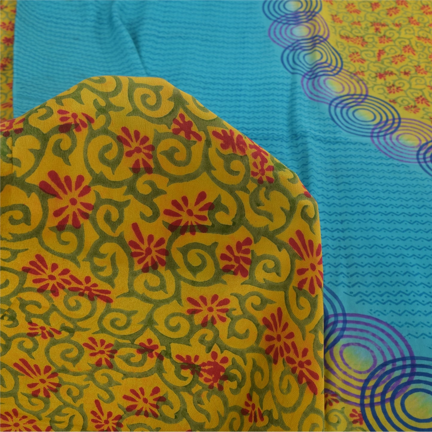 Sanskriti Vintage Sarees Blue/Green Pure Crepe Silk Print Sari 5yd Craft Fabric