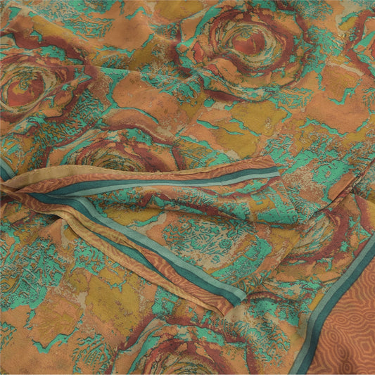 Sanskriti Vintage Sarees Multicolor Pure Crepe Silk Print Sari 6yd Craft Fabric