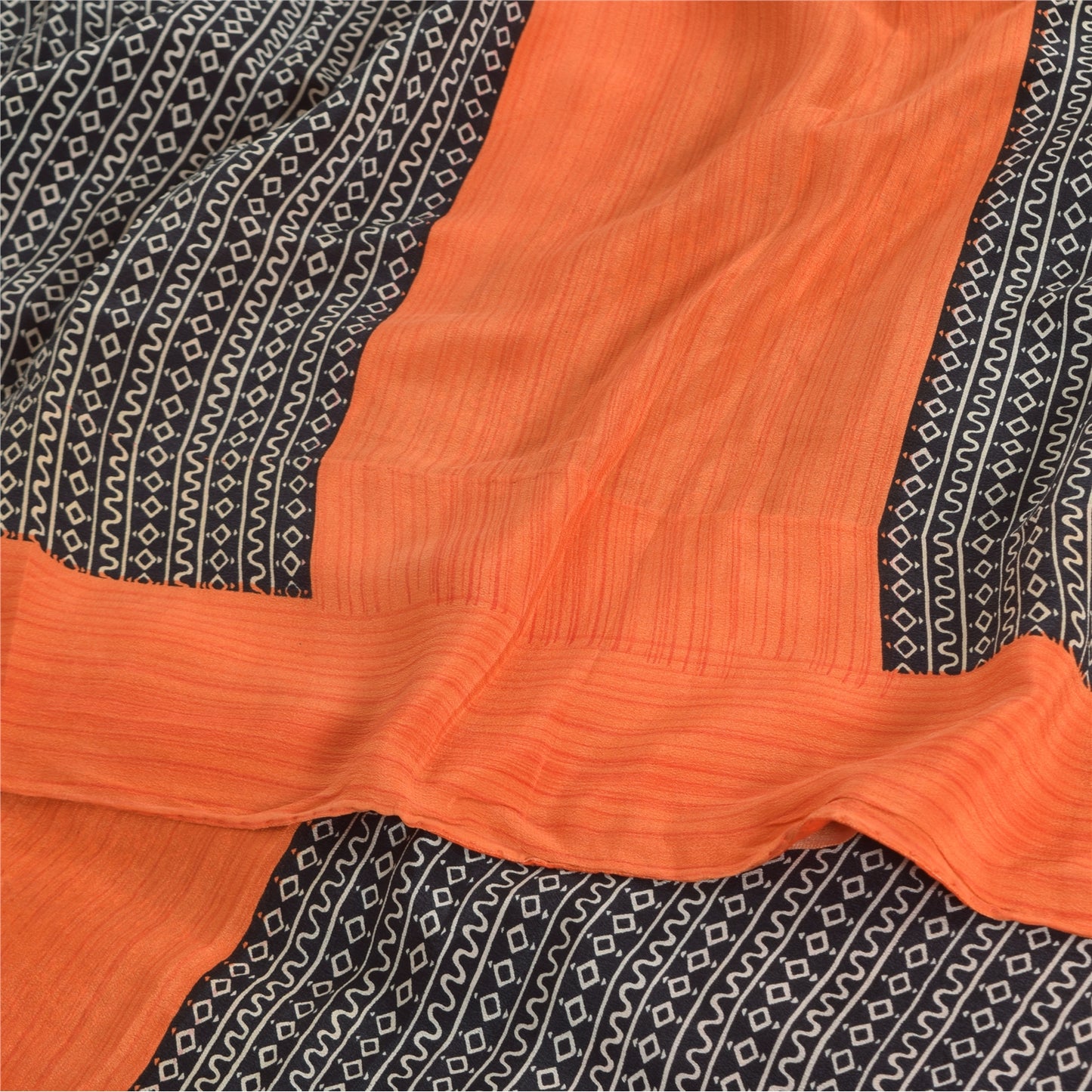 Sanskriti Vintage Sarees Black/Orange Pure Crepe Silk Print Sari Craft Fabric