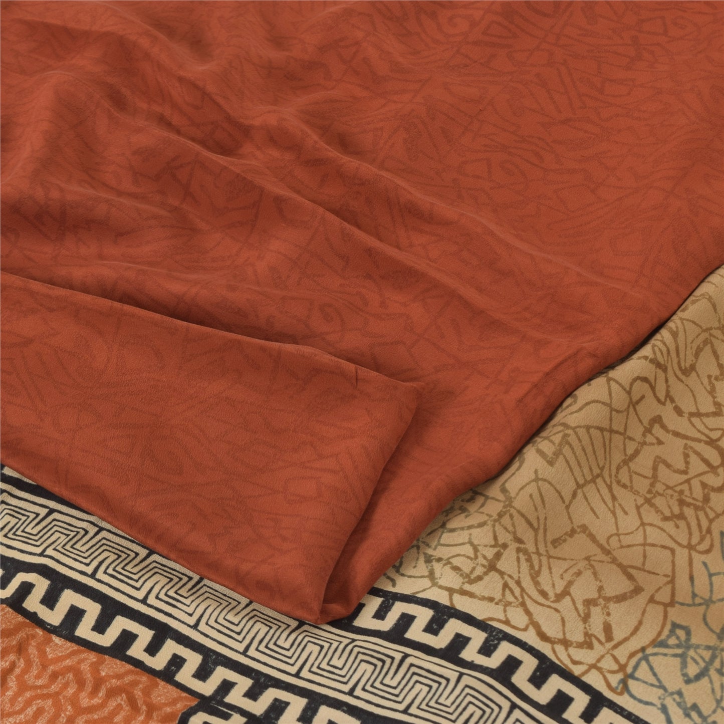 Sanskriti Vintage Sarees Orange Pure Crepe Silk Printed Sari 5yd Craft Fabric