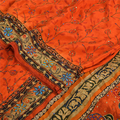 Sanskriti Vintage Sarees Orange Hand Beaded Pure Crepe Silk Printed Sari Fabric