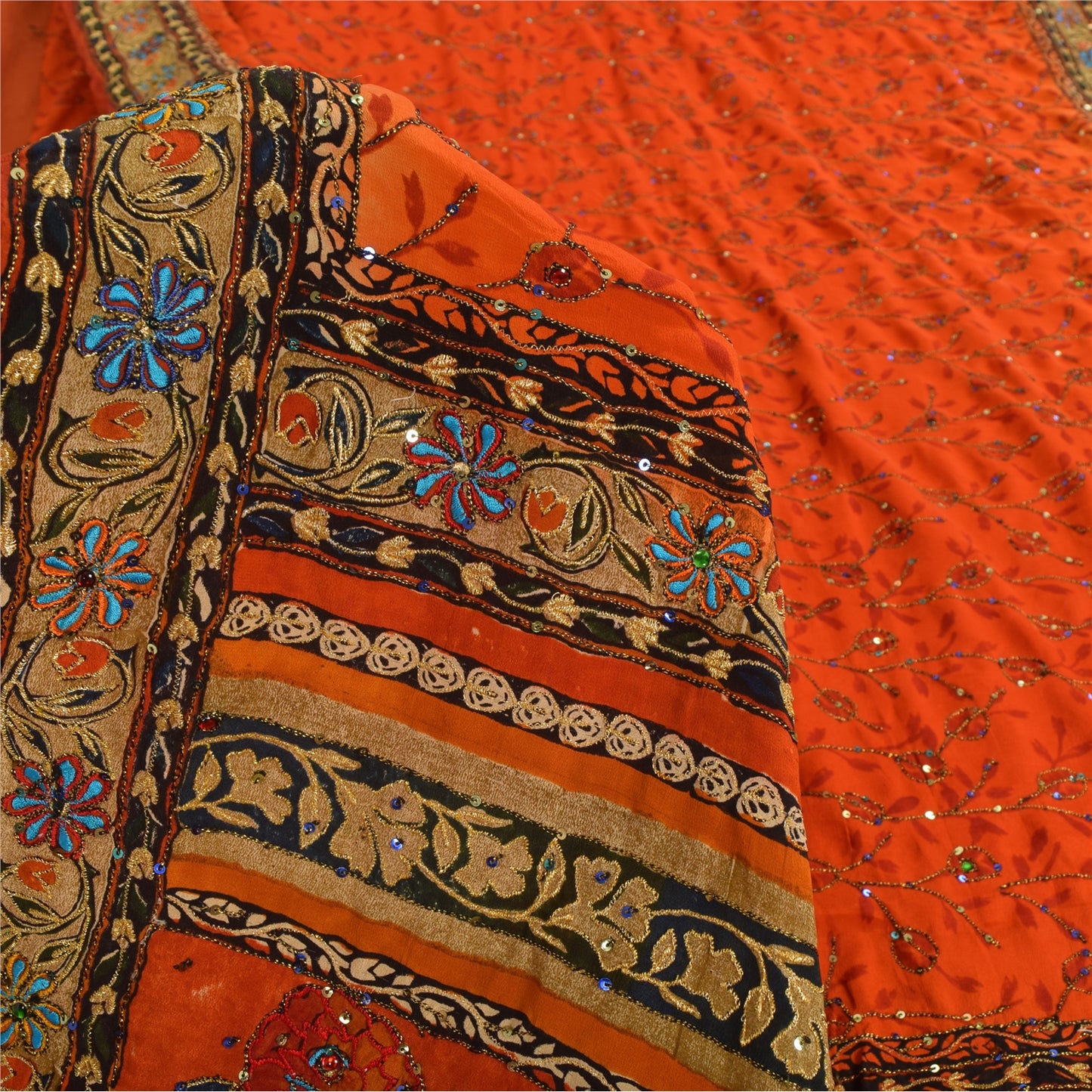 Sanskriti Vintage Sarees Orange Hand Beaded Pure Crepe Silk Printed Sari Fabric