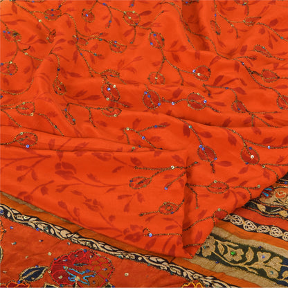 Sanskriti Vintage Sarees Orange Hand Beaded Pure Crepe Silk Printed Sari Fabric