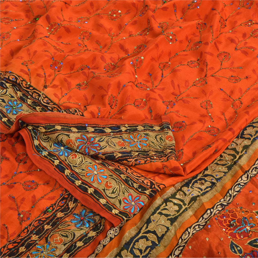 Sanskriti Vintage Sarees Orange Hand Beaded Pure Crepe Silk Printed Sari Fabric