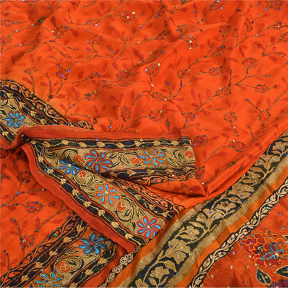 Sanskriti Vintage Sarees Orange Hand Beaded Pure Crepe Silk Printed Sari Fabric