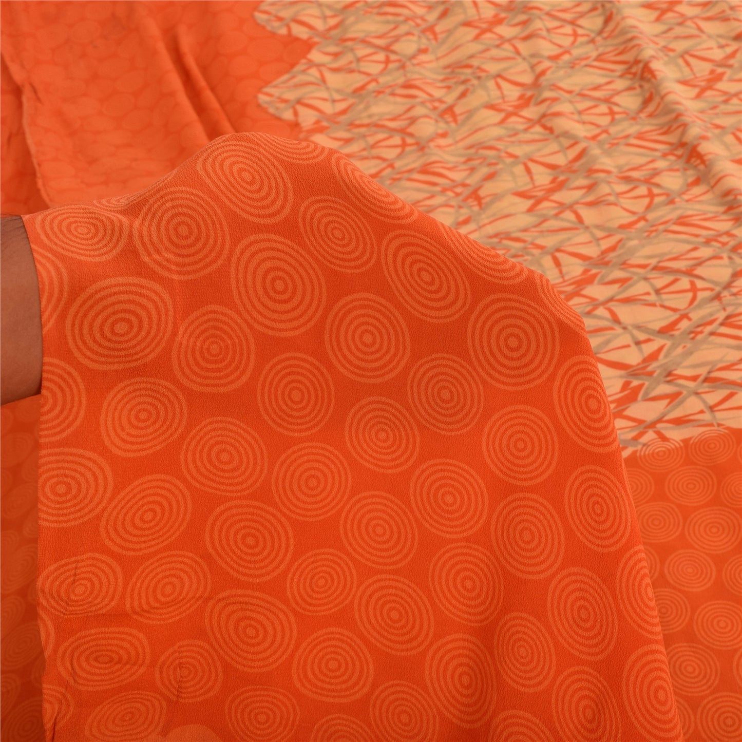 Sanskriti Vintage Sarees Orange Pure Crepe Silk Printed Sari 5yd Craft Fabric