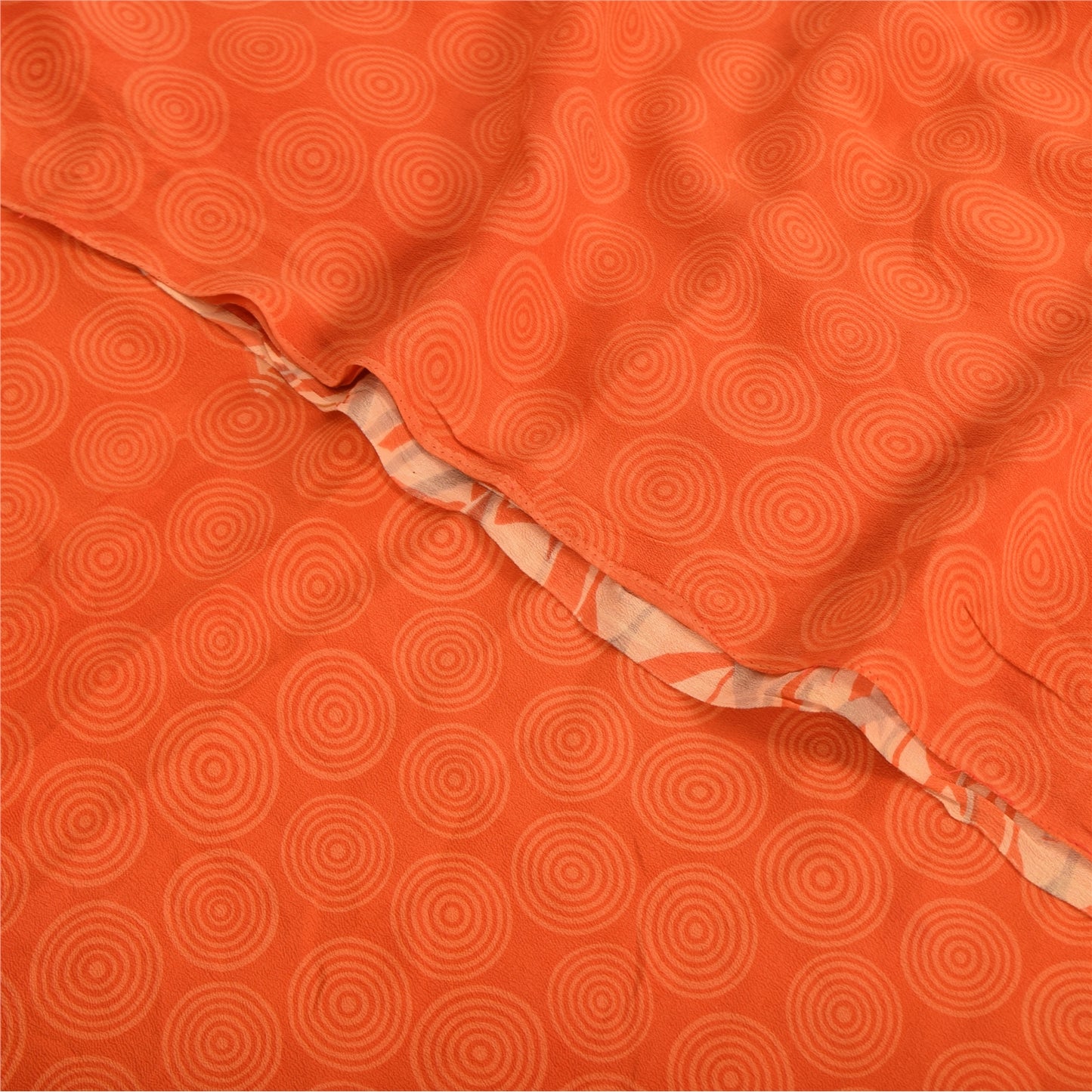 Sanskriti Vintage Sarees Orange Pure Crepe Silk Printed Sari 5yd Craft Fabric