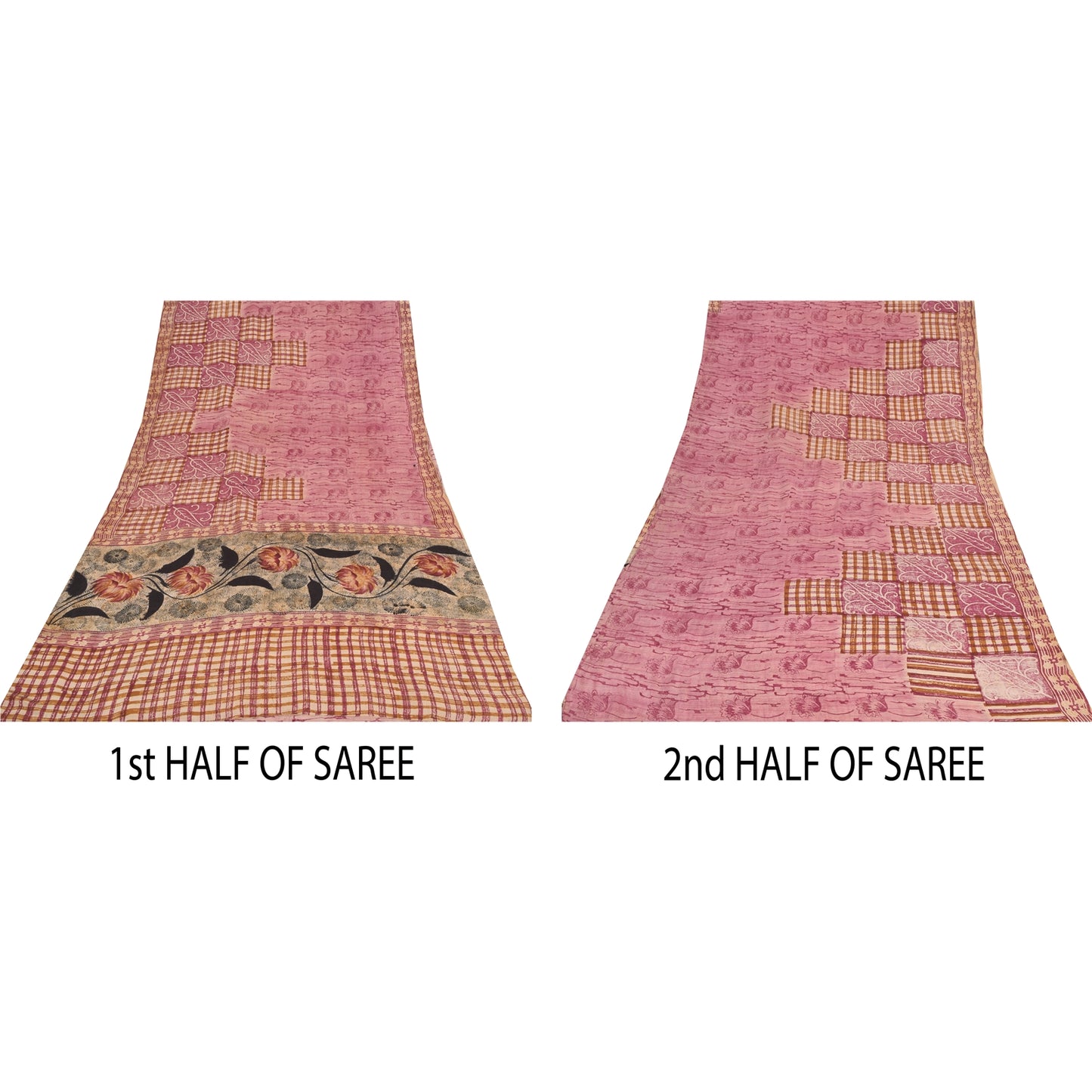 Sanskriti Vintage Sarees Pink Pure Crepe Silk Printed Sari 5yd Craft Fabric