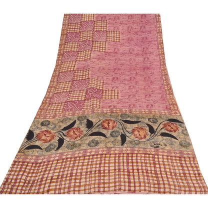 Sanskriti Vintage Sarees Pink Pure Crepe Silk Printed Sari 5yd Craft Fabric