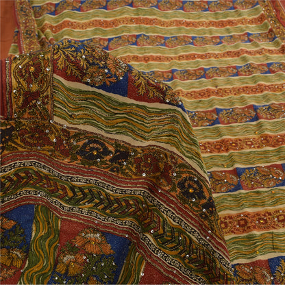 Sanskriti Vintage Sarees Multi Pure Crepe Silk Printed Sari 5yd Craft Fabric