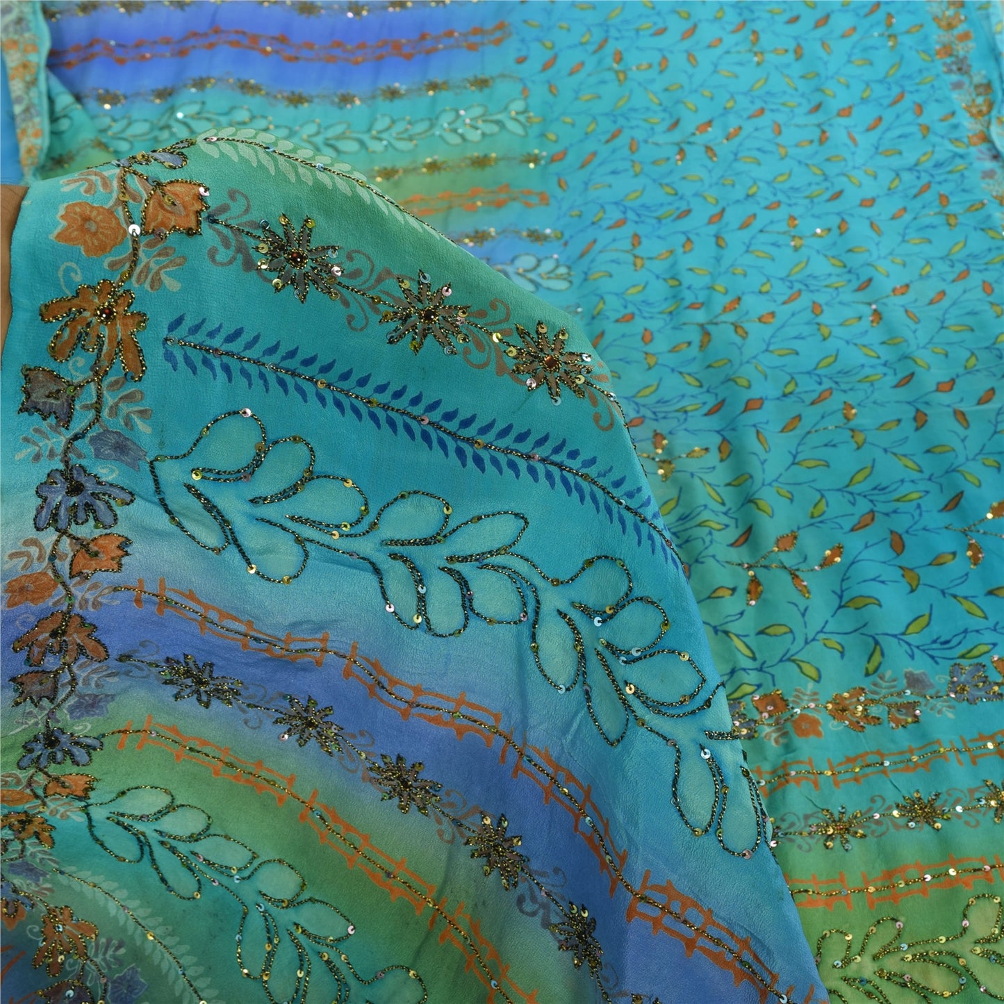 Sanskriti Vintage Sarees Blue Hand Beaded Pure Crepe Silk Printed Sari Fabric