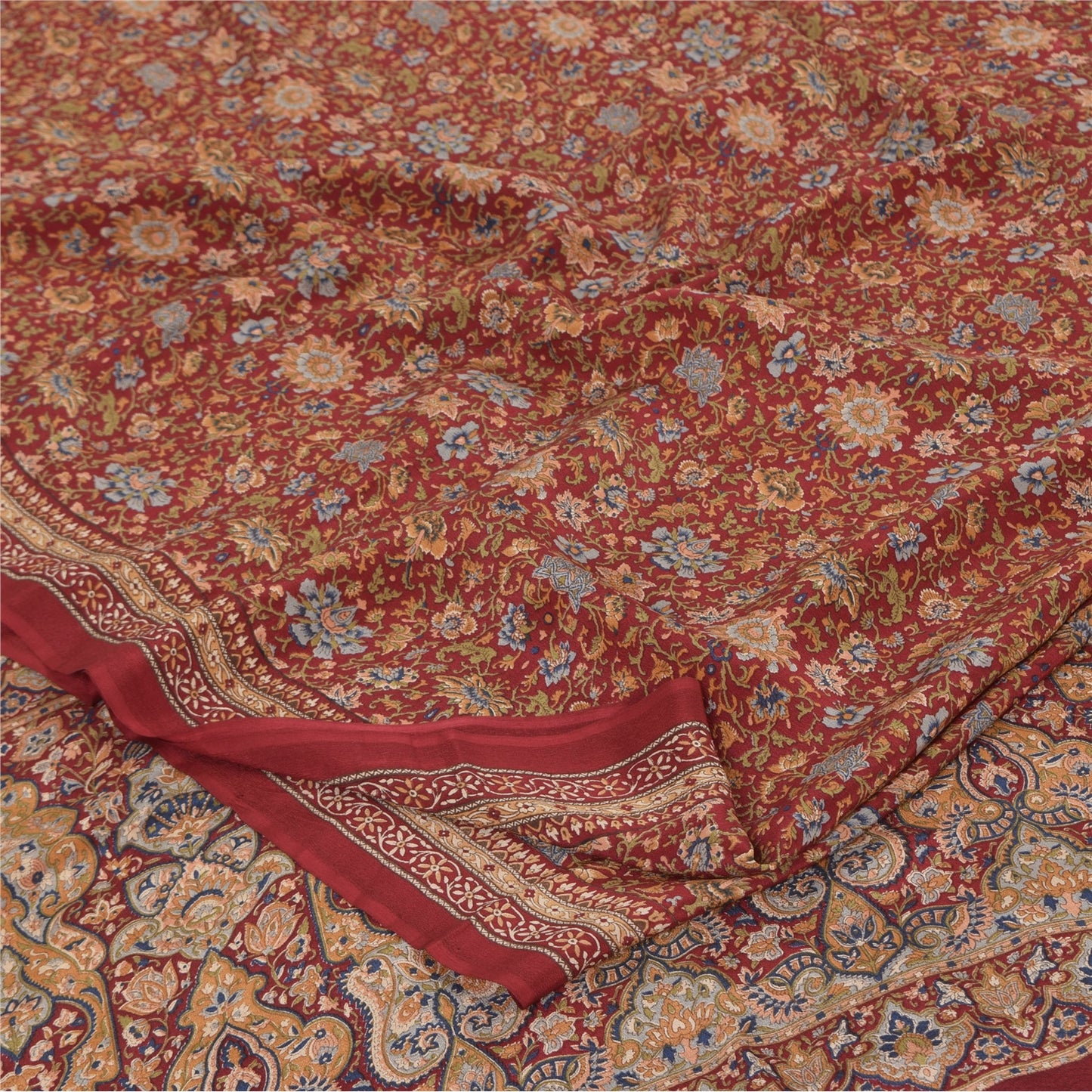 Sanskriti Vintage Sarees Dark Red Pure Crepe Silk Printed Sari 6yd Craft Fabric