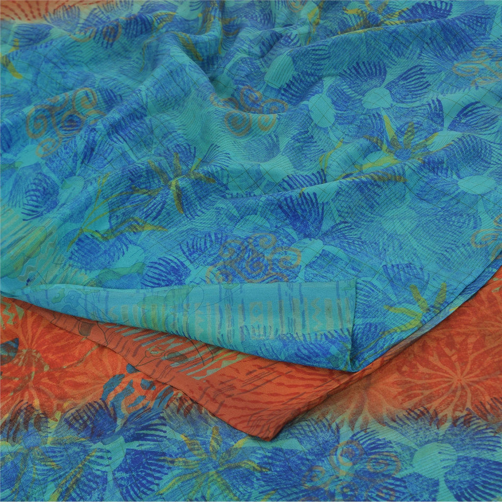 Sanskriti Vintage Sarees Orange/Blue Pure Crepe Silk Print Sari 6yd Craft Fabric