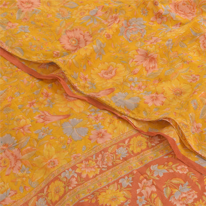 Sanskriti Vintage Sarees Yellow Pure Crepe Silk Printed Sari 5yd Craft Fabric