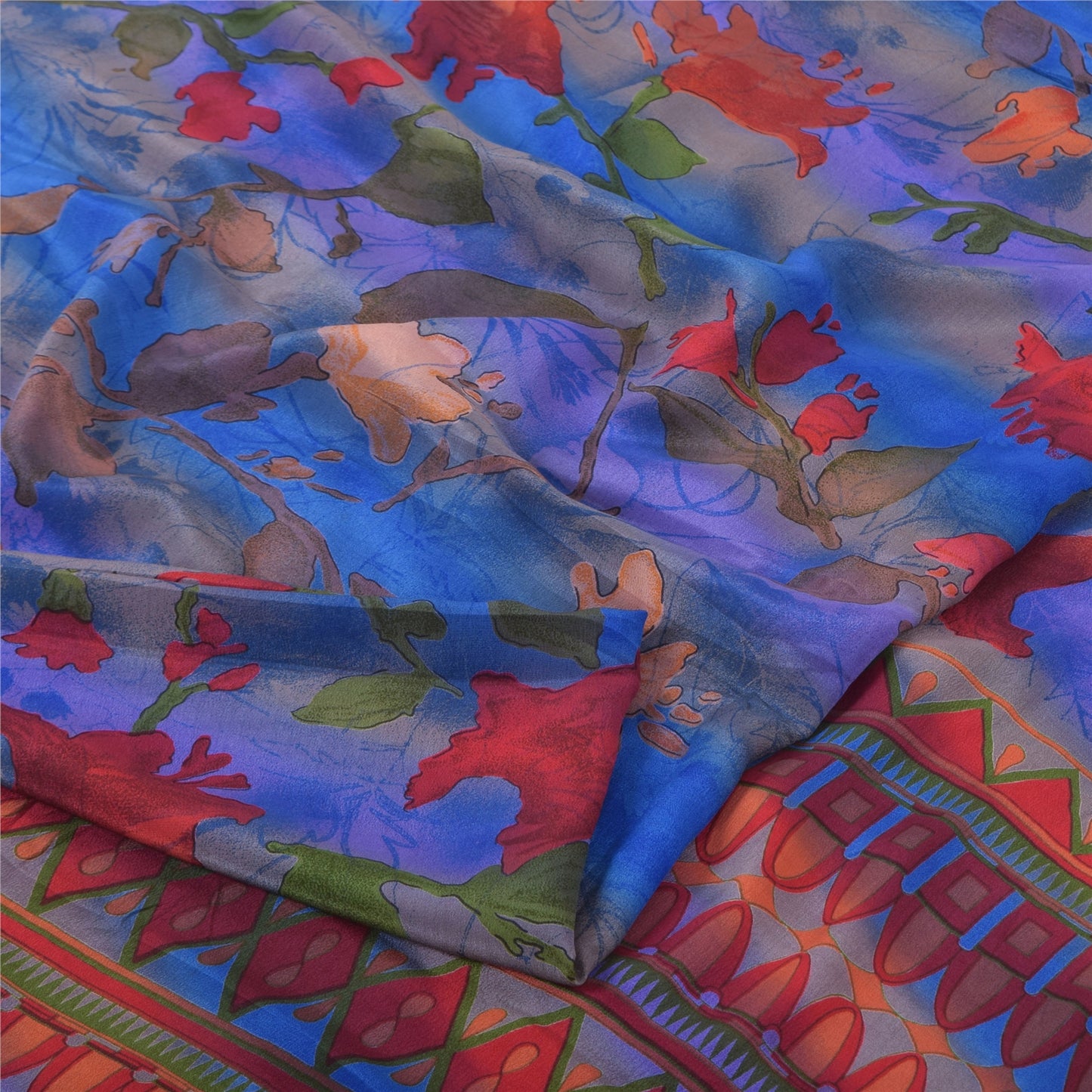 Sanskriti Vintage Sarees Blue 100% Pure Crepe Silk Printed Sari 5yd Craft Fabric