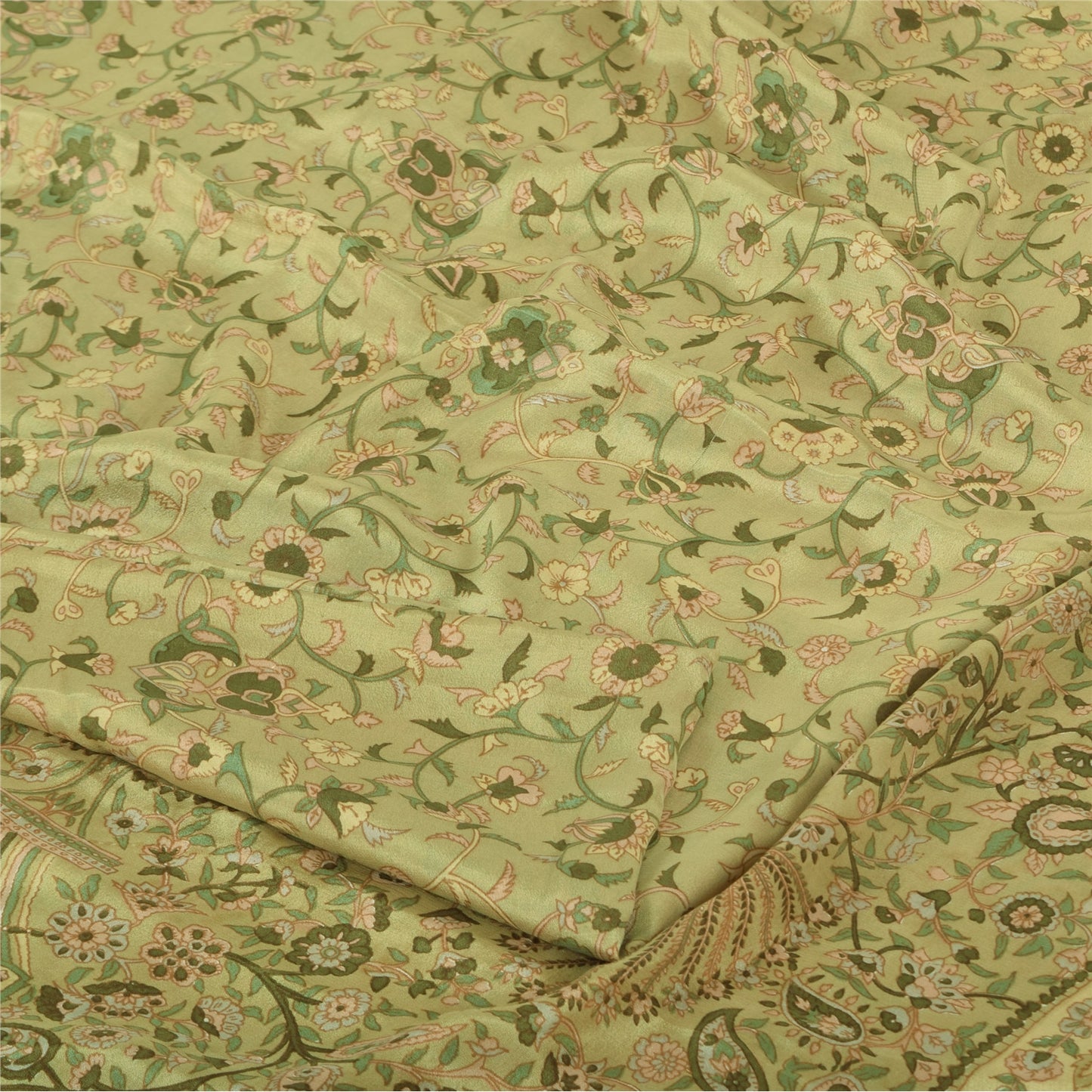 Sanskriti Vintage Sarees Cream Pure Crepe Silk Printed Sari 7yd Craft Fabric