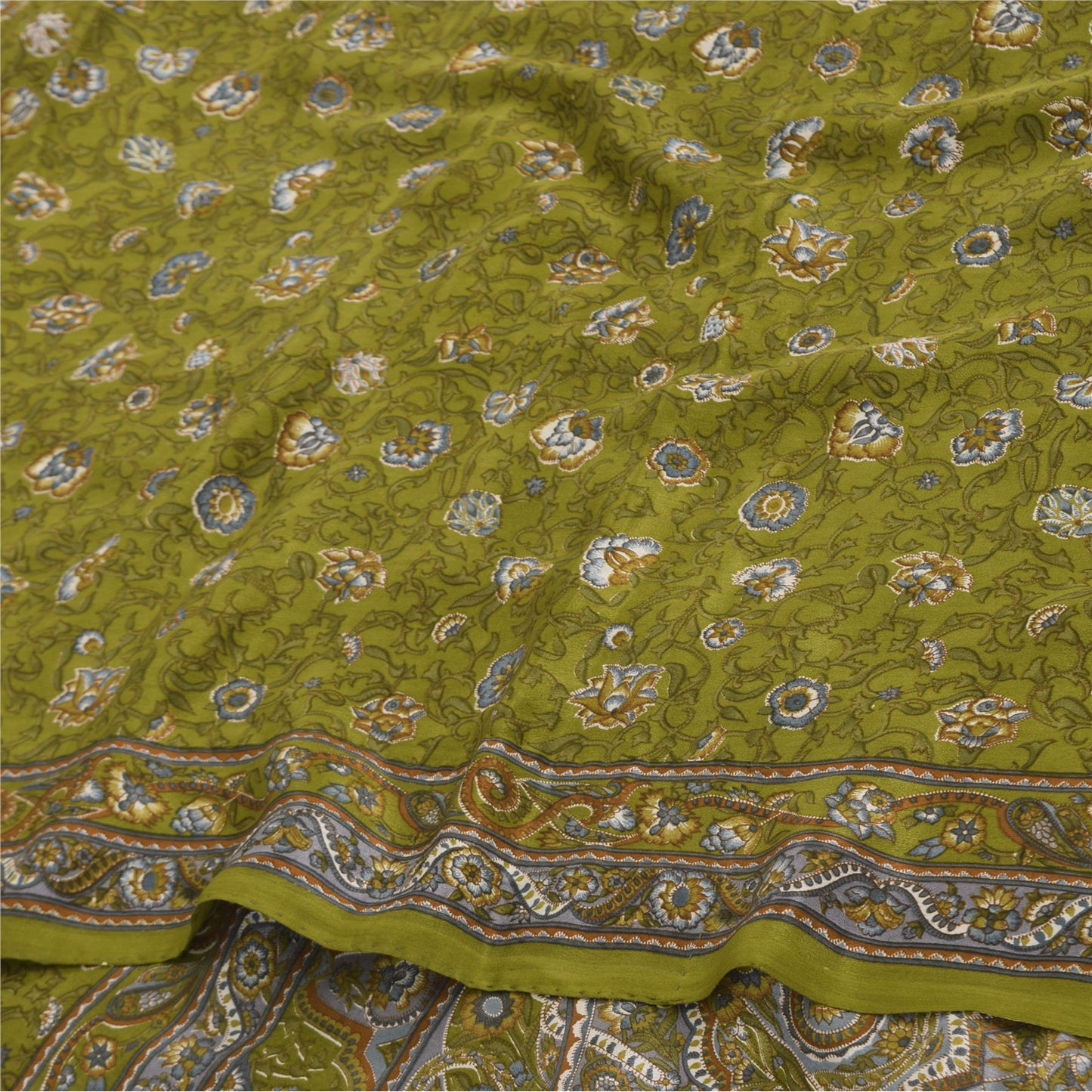 Sanskriti Vintage Sarees Green Pure Crepe Silk Printed Sari 6yd Craft Fabric