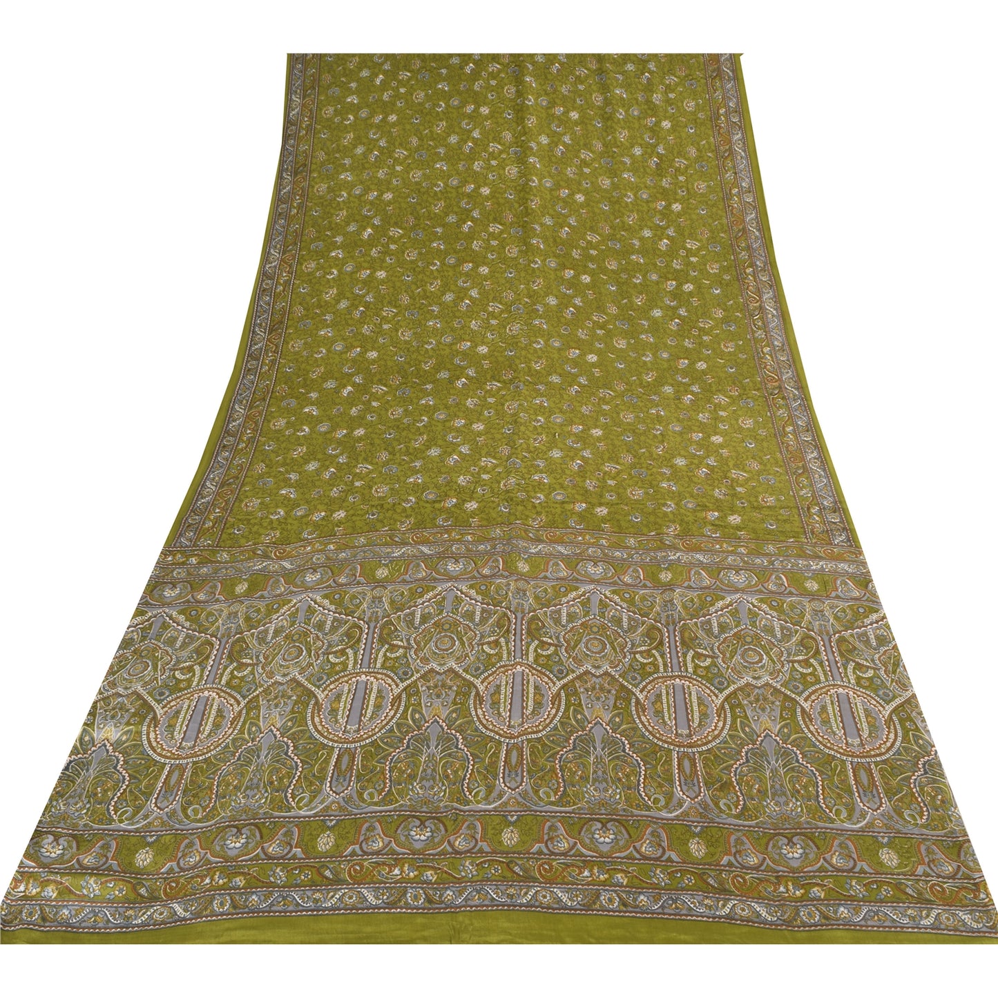 Sanskriti Vintage Sarees Green Pure Crepe Silk Printed Sari 6yd Craft Fabric