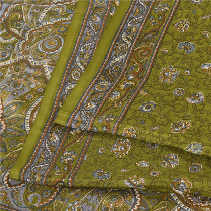 Sanskriti Vintage Sarees Green Pure Crepe Silk Printed Sari 6yd Craft Fabric