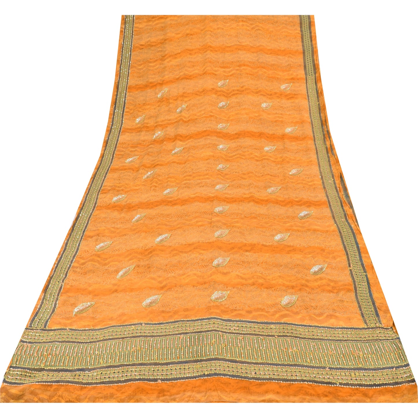 Sanskriti Vintage Sarees Saffron Hand Beaded Pure Crepe Printed Sari 5yd Fabric