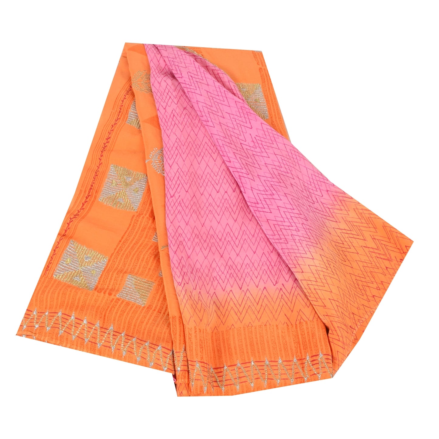 Sanskriti Vintage Sarees Pink/Orange Embroidered Pure Crepe Printed Sari Fabric