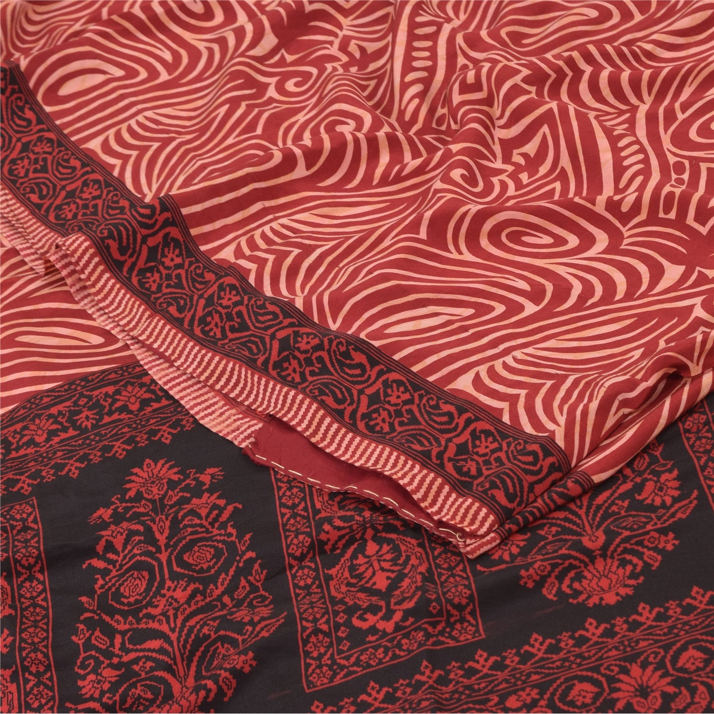 Sanskriti Vintage Sarees Dark Red Pure Crepe Silk Printed Sari 5yd Craft Fabric