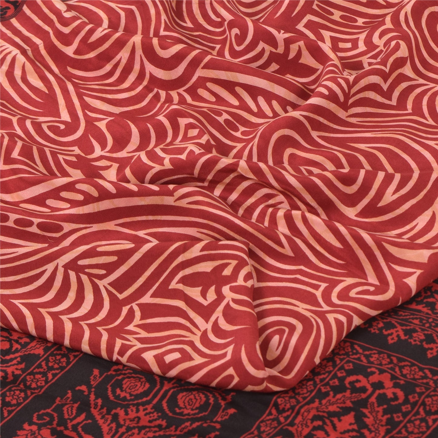 Sanskriti Vintage Sarees Dark Red Pure Crepe Silk Printed Sari 5yd Craft Fabric