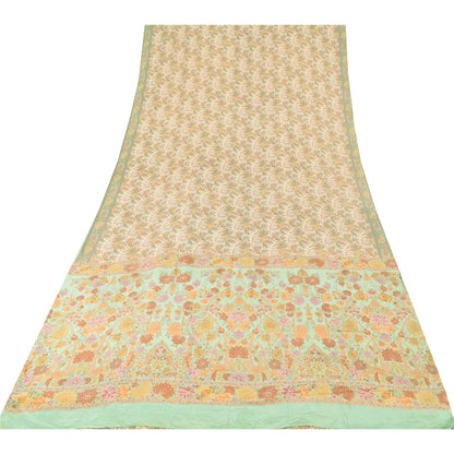 Sanskriti Vintage Sarees Ivory 100%Pure Crepe Silk Printed Sari 5yd Craft Fabric