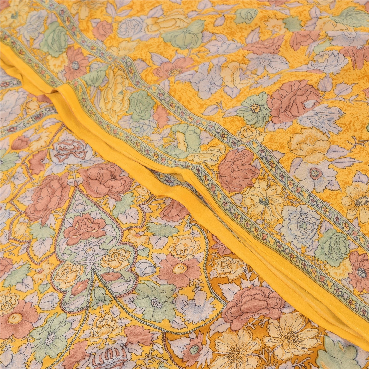 Sanskriti Vintage Sarees Yellow Pure Crepe Silk Printed Sari 5yd Craft Fabric