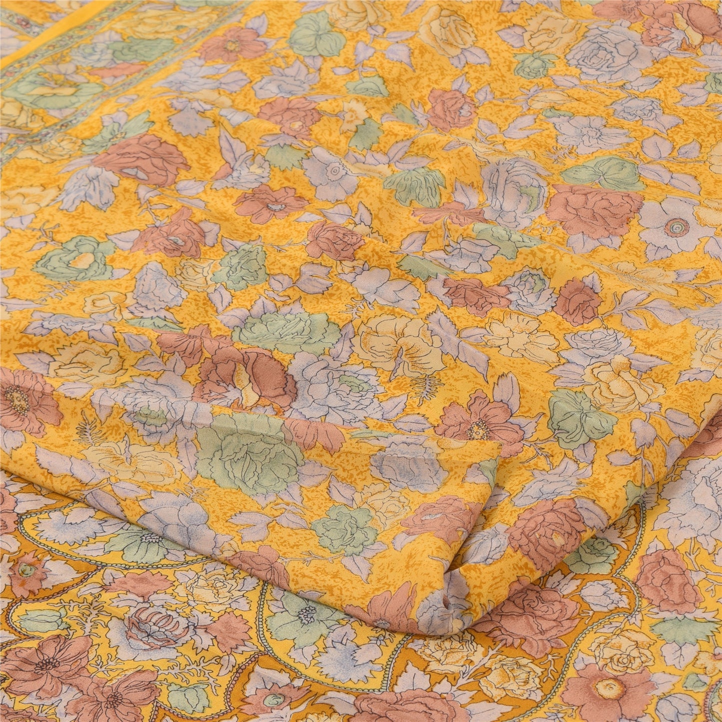 Sanskriti Vintage Sarees Yellow Pure Crepe Silk Printed Sari 5yd Craft Fabric