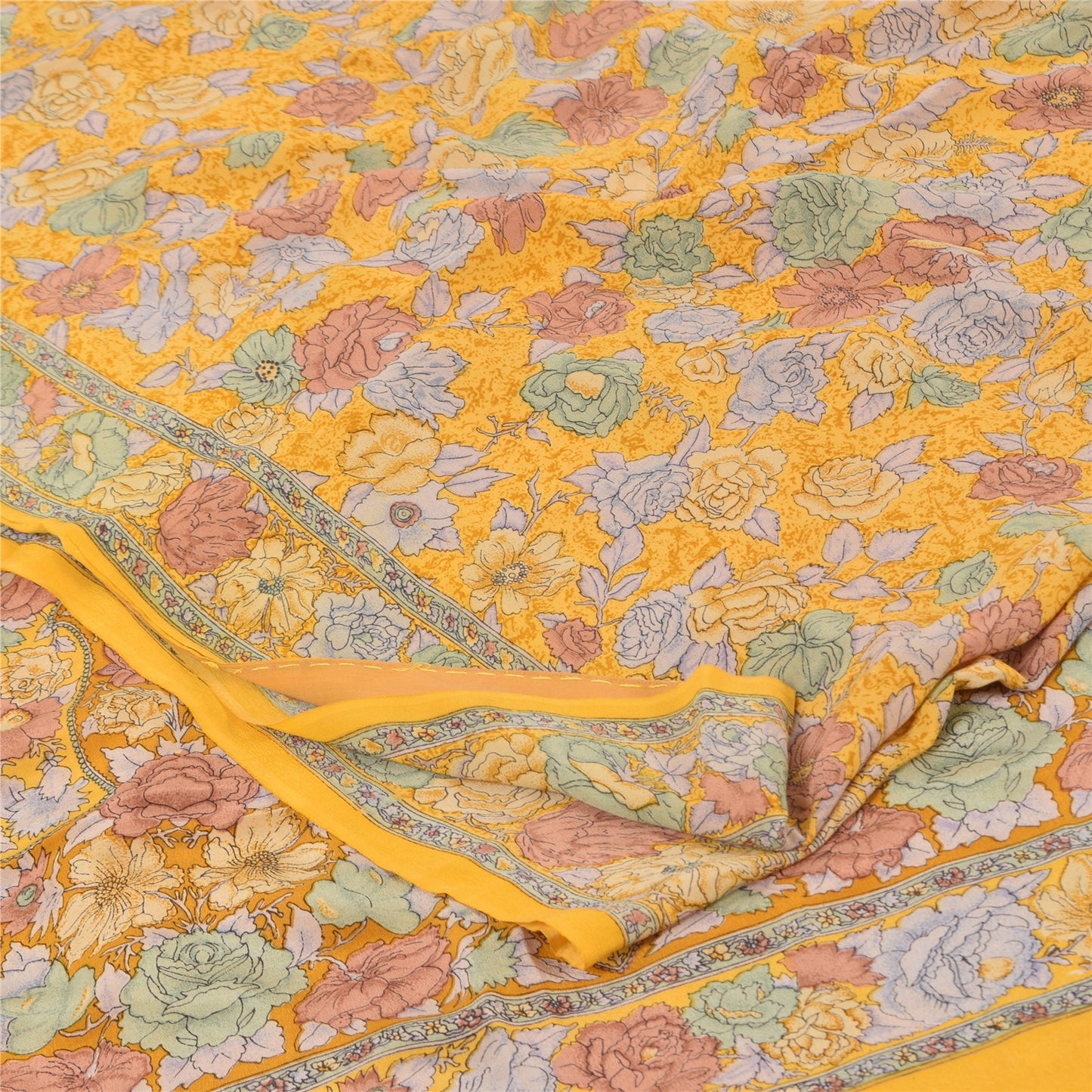 Sanskriti Vintage Sarees Yellow Pure Crepe Silk Printed Sari 5yd Craft Fabric