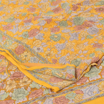 Sanskriti Vintage Sarees Yellow Pure Crepe Silk Printed Sari 5yd Craft Fabric