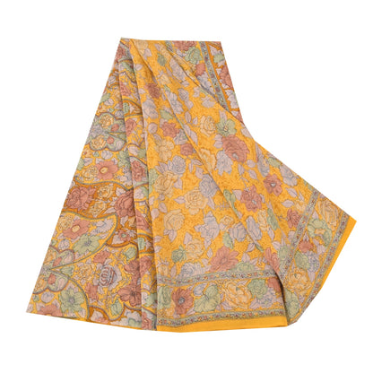 Sanskriti Vintage Sarees Yellow Pure Crepe Silk Printed Sari 5yd Craft Fabric