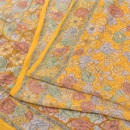 Sanskriti Vintage Sarees Yellow Pure Crepe Silk Printed Sari 5yd Craft Fabric