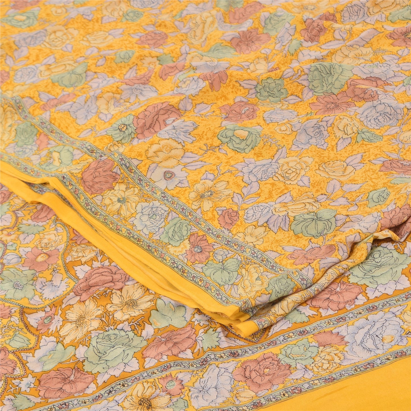 Sanskriti Vintage Sarees Yellow Pure Crepe Silk Printed Sari 5yd Craft Fabric