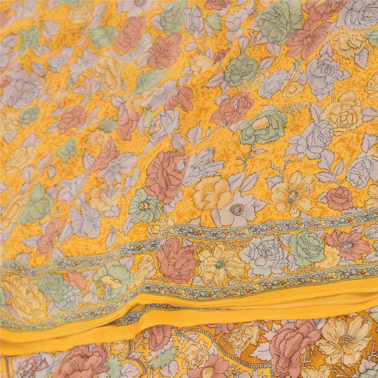 Sanskriti Vintage Sarees Yellow Pure Crepe Silk Printed Sari 5yd Craft Fabric