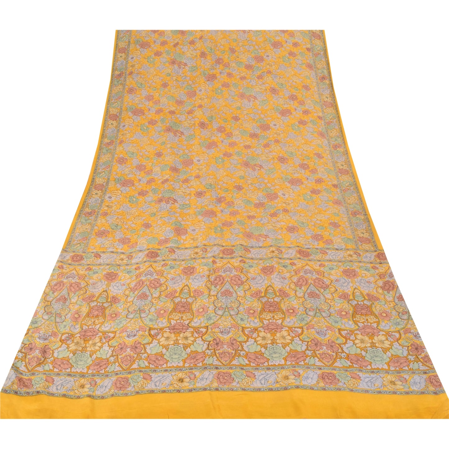 Sanskriti Vintage Sarees Yellow Pure Crepe Silk Printed Sari 5yd Craft Fabric