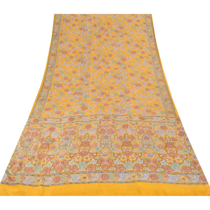 Sanskriti Vintage Sarees Yellow Pure Crepe Silk Printed Sari 5yd Craft Fabric