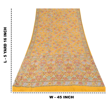 Sanskriti Vintage Sarees Yellow Pure Crepe Silk Printed Sari 5yd Craft Fabric