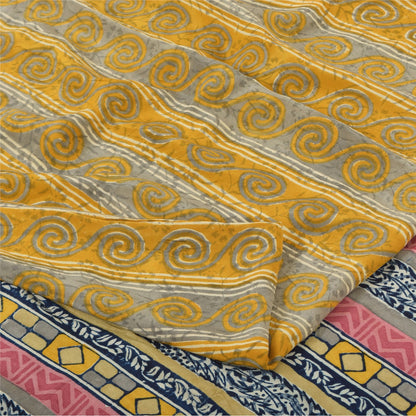 Sanskriti Vintage Sarees Yellow Pure Crepe Silk Printed Sari 6yd Craft Fabric