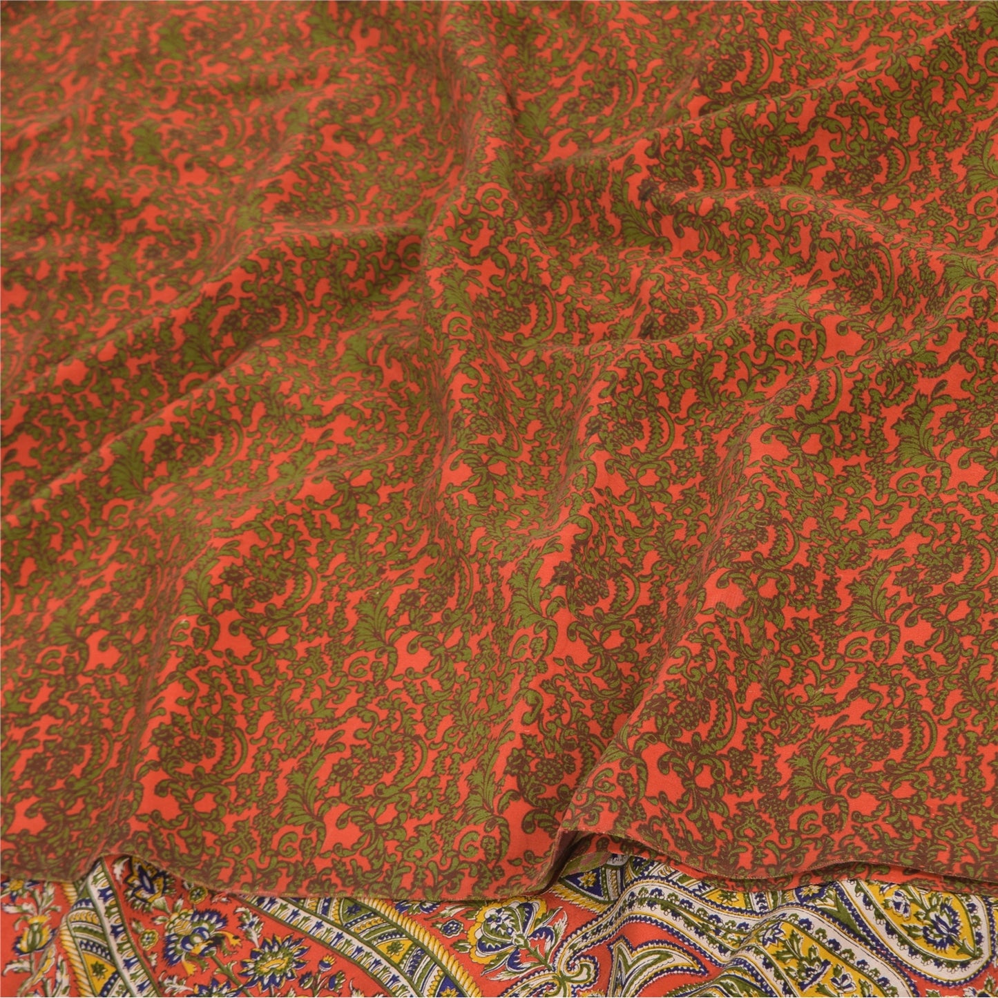 Sanskriti Vintage Sarees Orange/Green Pure Crepe Silk Printed Sari Craft Fabric