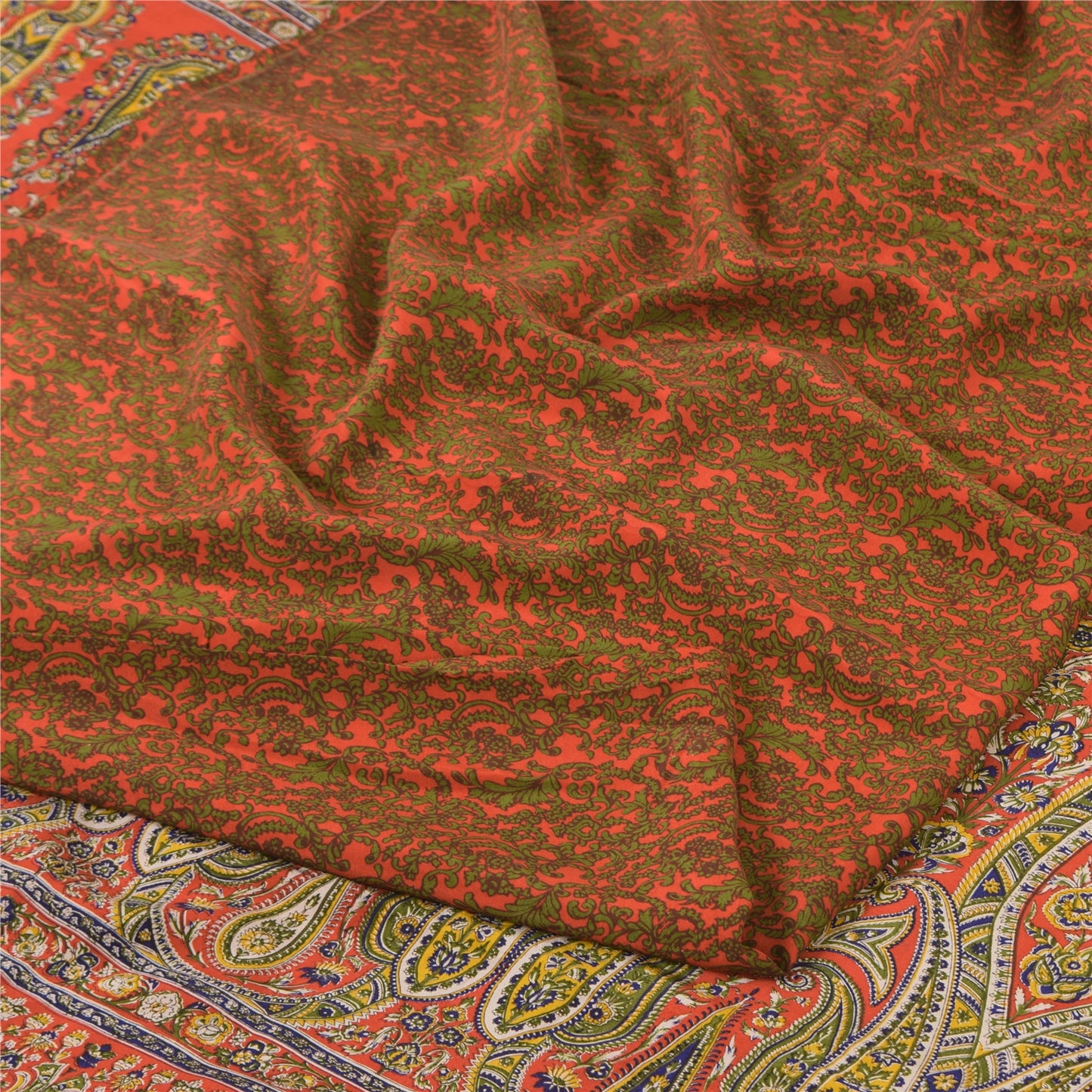 Sanskriti Vintage Sarees Orange/Green Pure Crepe Silk Printed Sari Craft Fabric