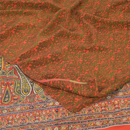 Sanskriti Vintage Sarees Orange/Green Pure Crepe Silk Printed Sari Craft Fabric