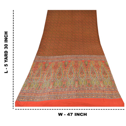 Sanskriti Vintage Sarees Orange/Green Pure Crepe Silk Printed Sari Craft Fabric