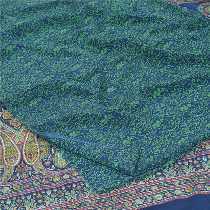 Sanskriti Vintage Sarees Blue/Green Pure Crepe Silk Print Sari 5yd Craft Fabric