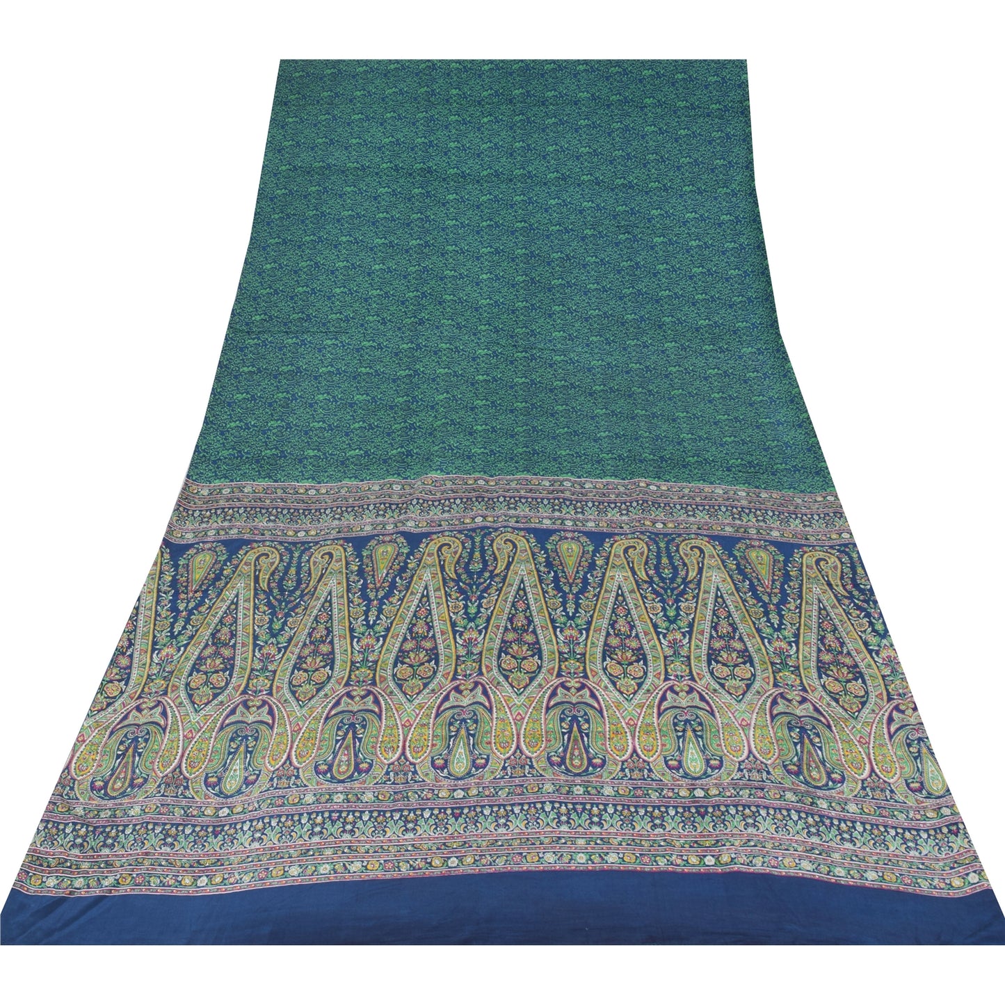 Sanskriti Vintage Sarees Blue/Green Pure Crepe Silk Print Sari 5yd Craft Fabric