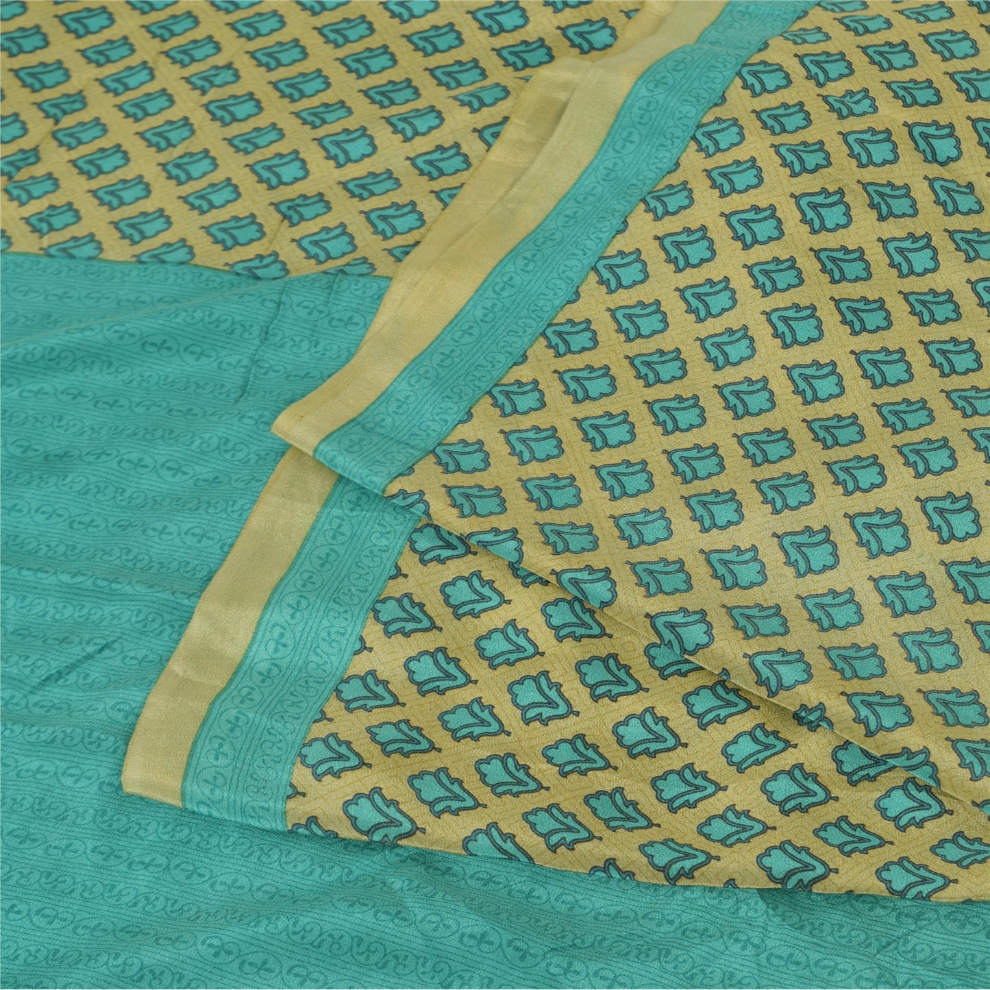 Sanskriti Vintage Sarees Green/Blue Pure Crepe Silk Print Sari 5yd Craft Fabric