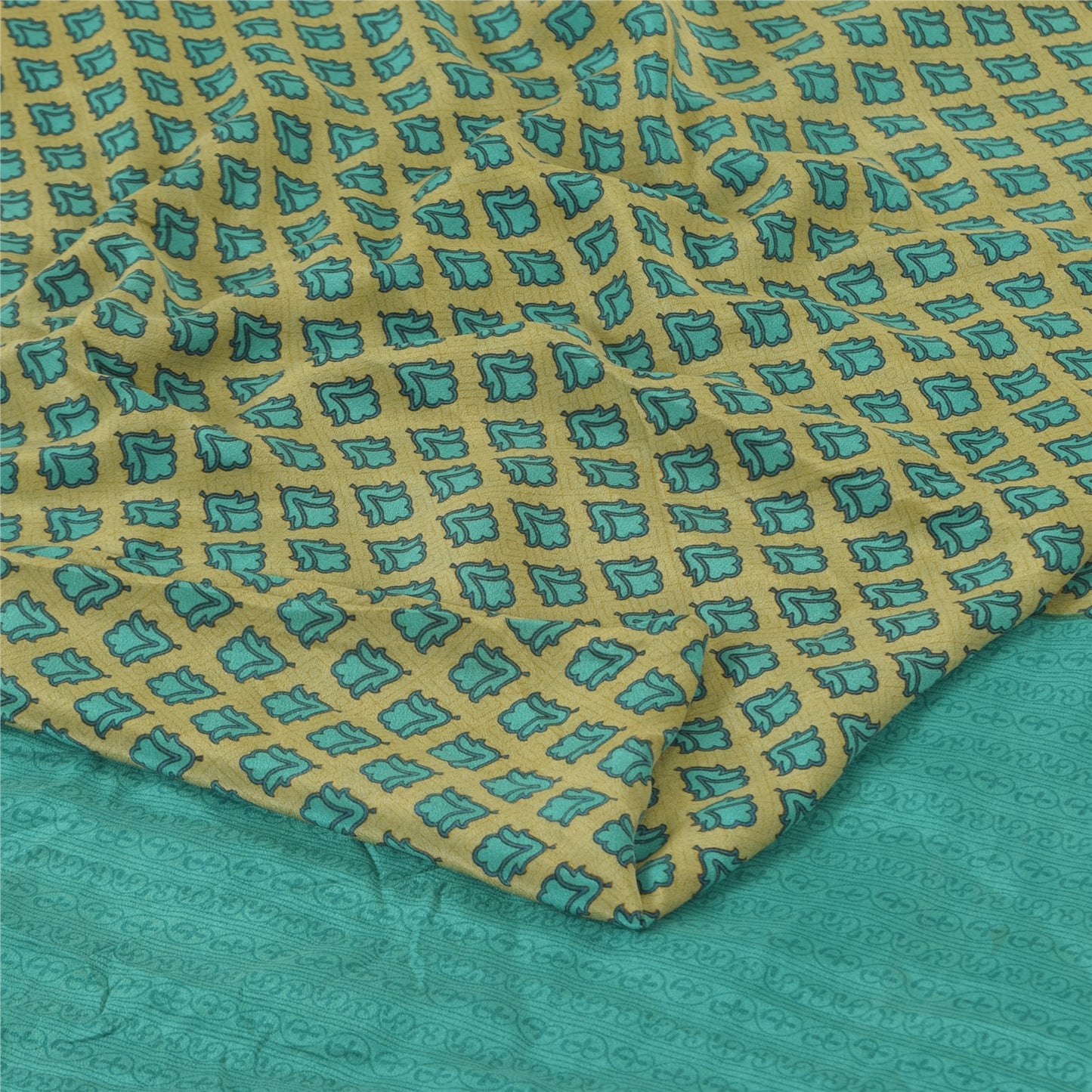 Sanskriti Vintage Sarees Green/Blue Pure Crepe Silk Print Sari 5yd Craft Fabric