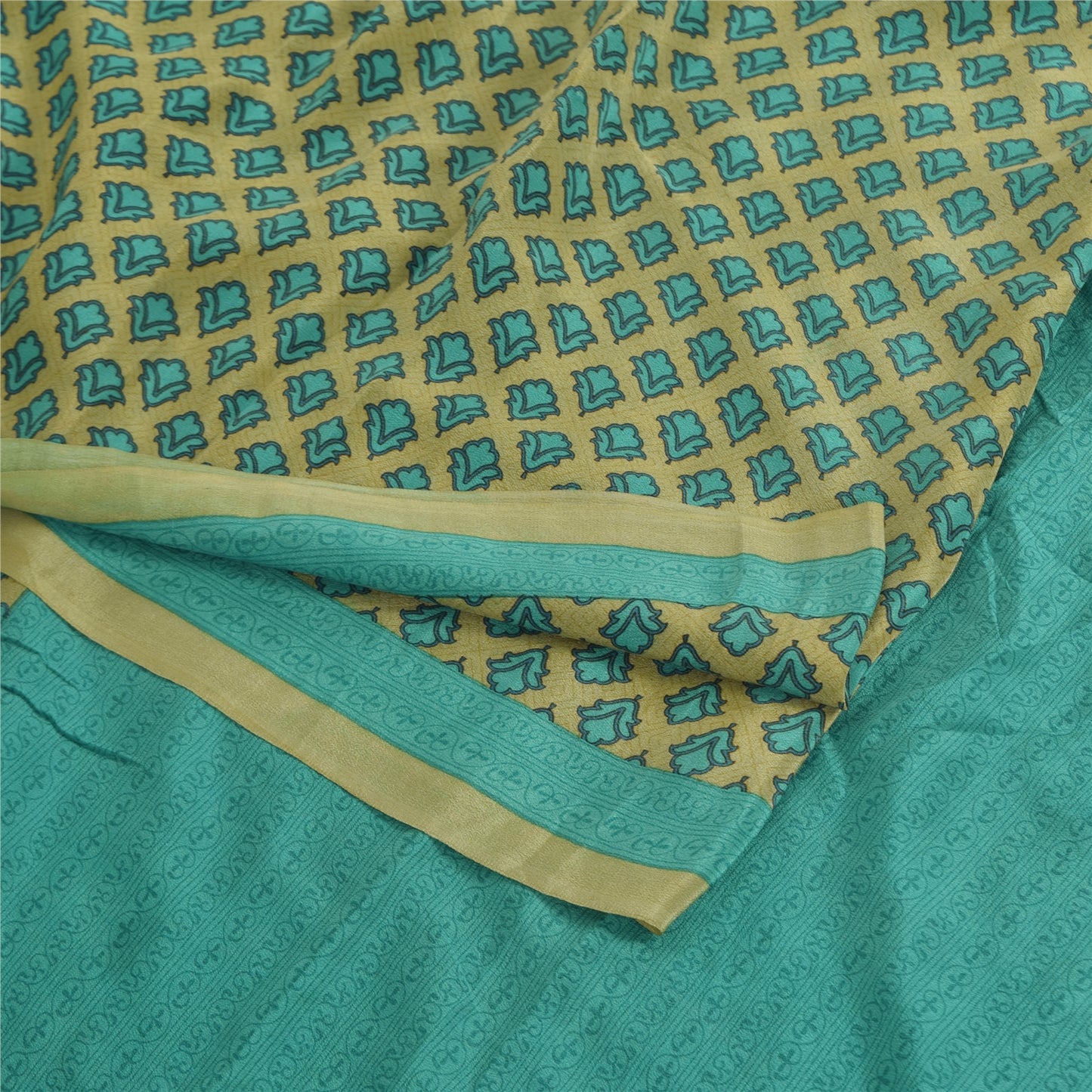 Sanskriti Vintage Sarees Green/Blue Pure Crepe Silk Print Sari 5yd Craft Fabric