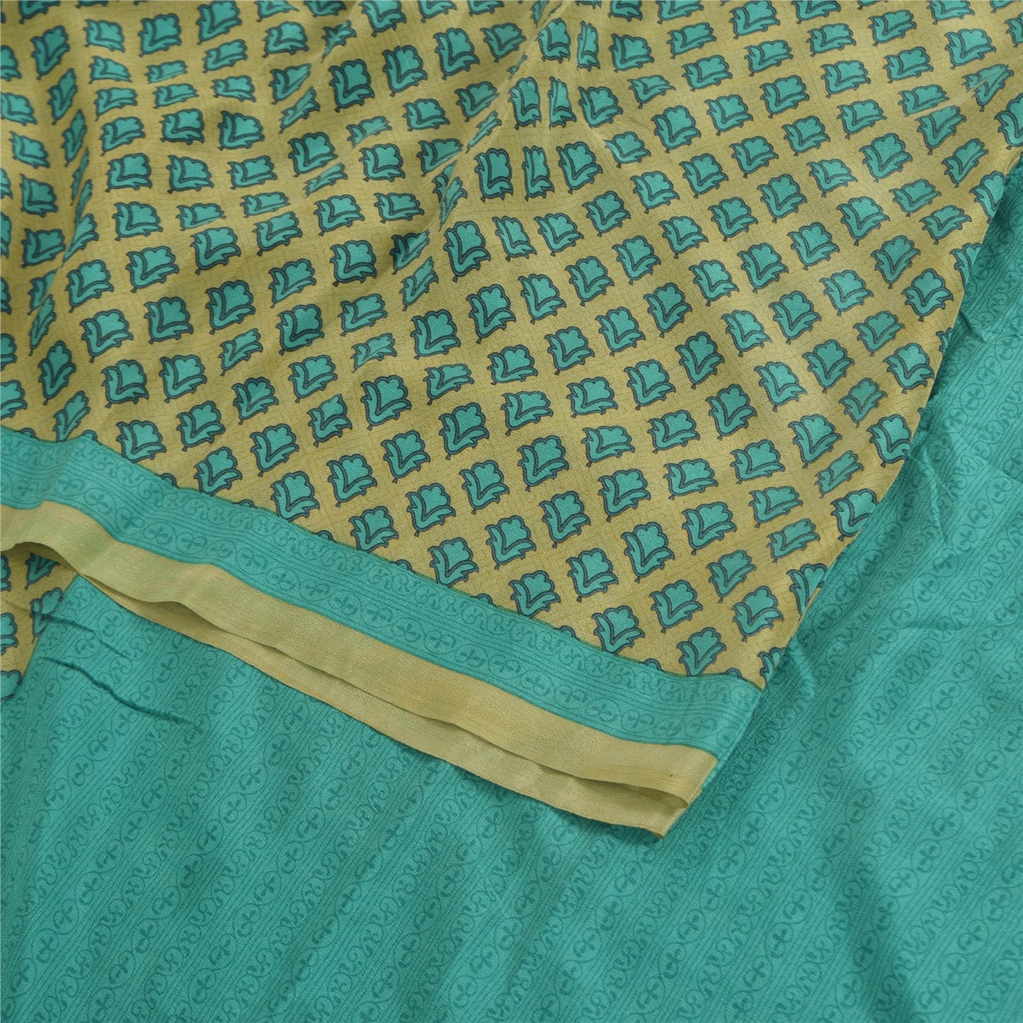 Sanskriti Vintage Sarees Green/Blue Pure Crepe Silk Print Sari 5yd Craft Fabric